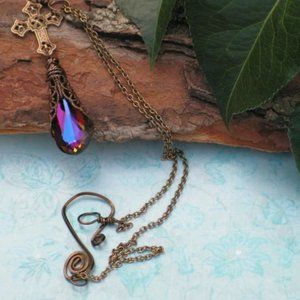 Renoir Inspired Teardrop in Filigree Cross Necklace, Mystic Topaz in Filigree